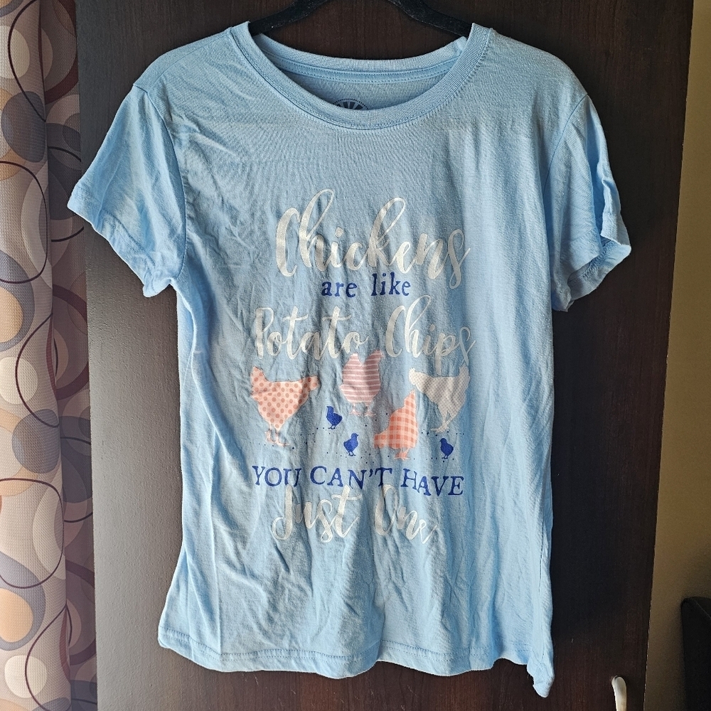 Blue "Chickens Are Like Potato Chips" Graphic T-Shirt